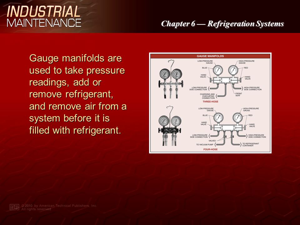 Gauge manifolds are used to take pressure readings, add or remove refrigerant, and remove air from a system before it is filled with refrigerant.