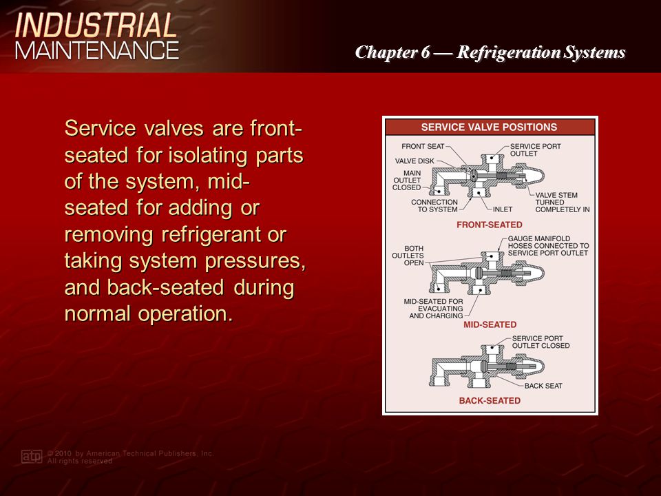 Service valves are front-seated for isolating parts of the system, mid-seated for adding or removing refrigerant or taking system pressures, and back-seated during normal operation.