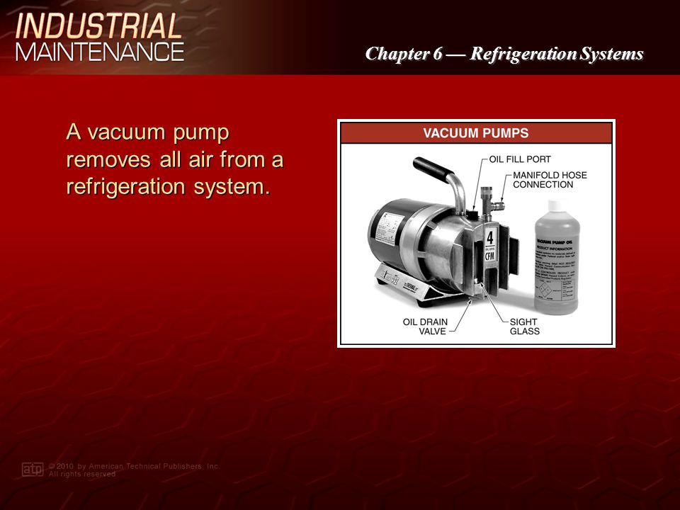 A vacuum pump removes all air from a refrigeration system.