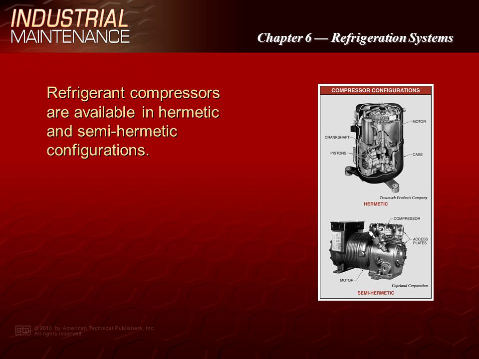 Refrigerant compressors are available in hermetic and semi-hermetic configurations.