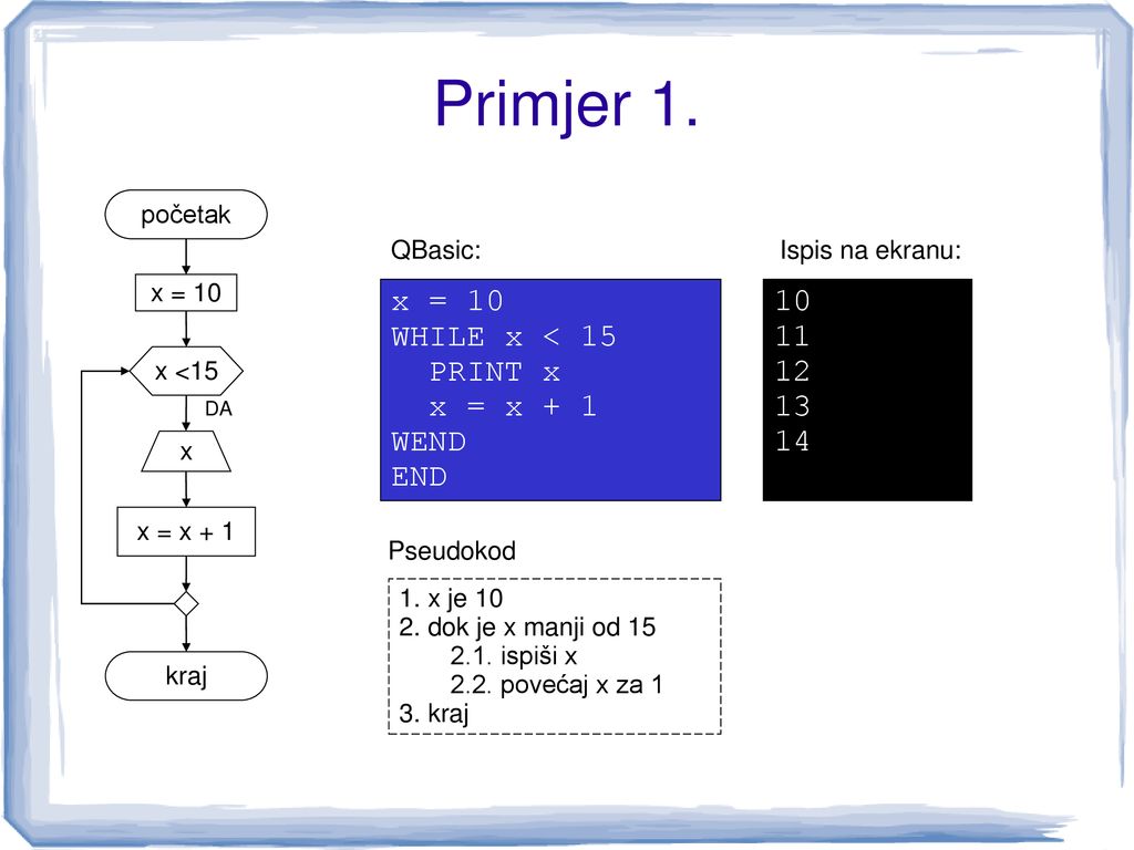 Primjer 1. x = 10 WHILE x < 15 PRINT x x = x + 1 WEND END