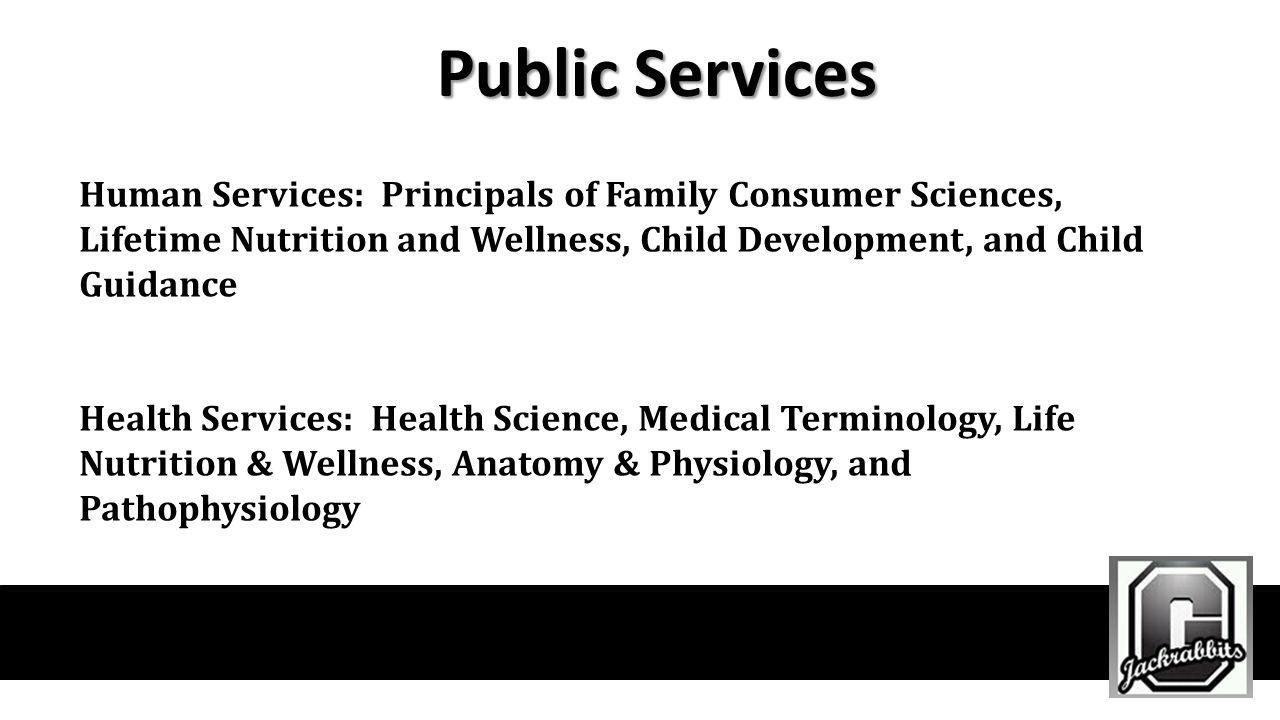 Public Services Human Services: Principals of Family Consumer Sciences, Lifetime Nutrition and Wellness, Child Development, and Child Guidance.