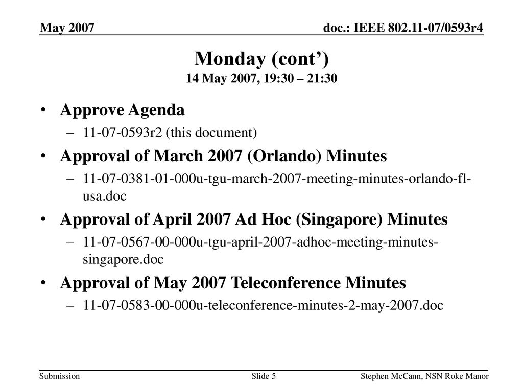 Monday (cont’) 14 May 2007, 19:30 – 21:30 Approve Agenda