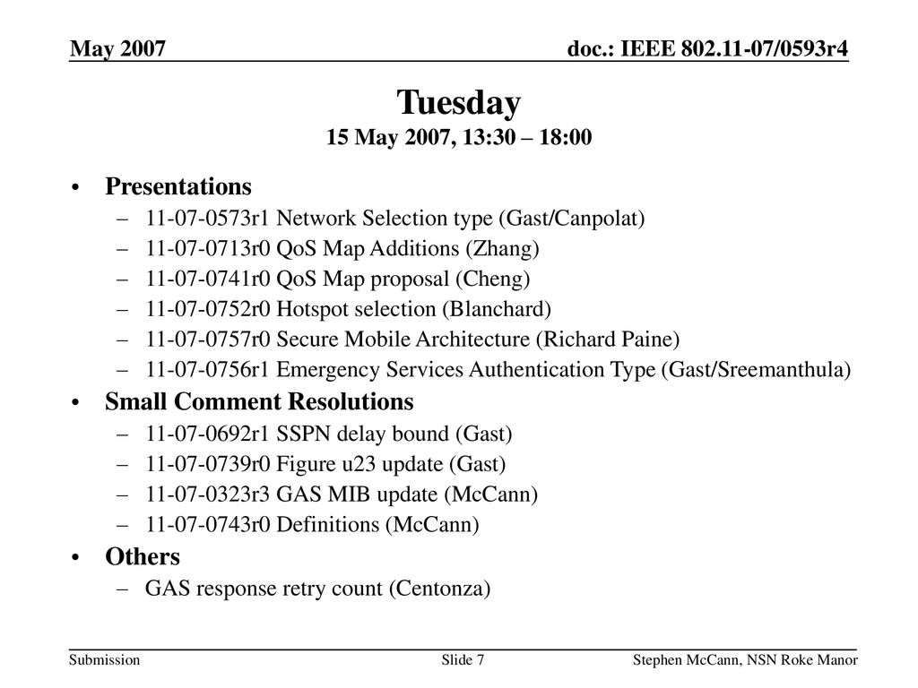 Tuesday 15 May 2007, 13:30 – 18:00 Presentations