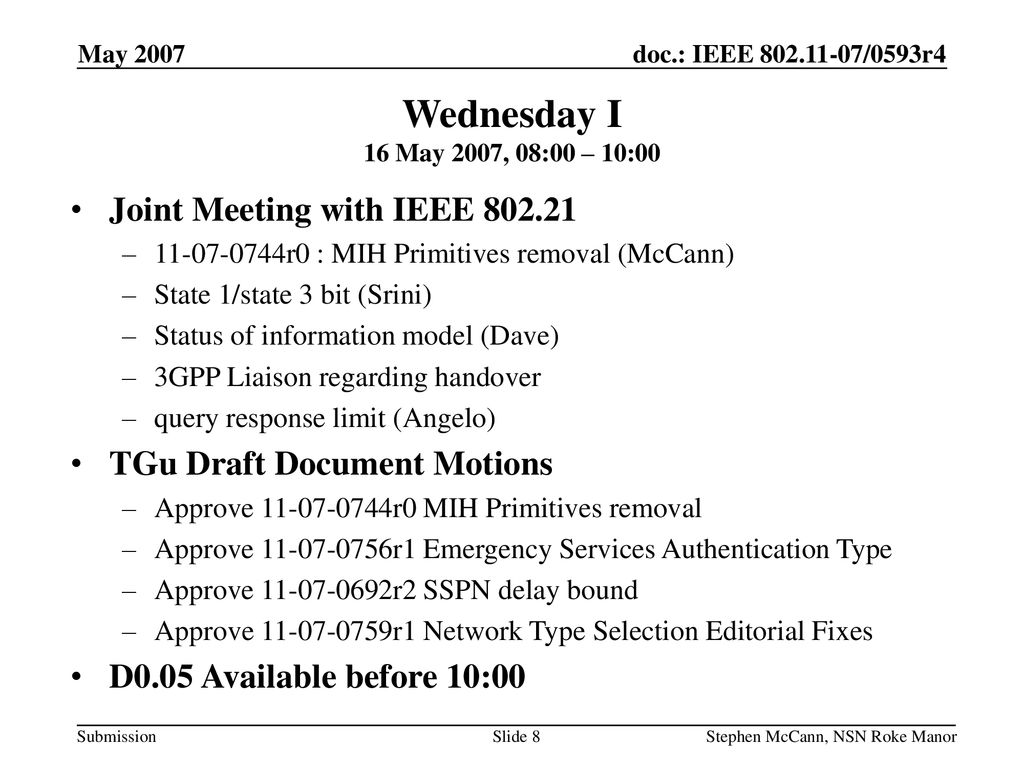 Wednesday I 16 May 2007, 08:00 – 10:00 Joint Meeting with IEEE