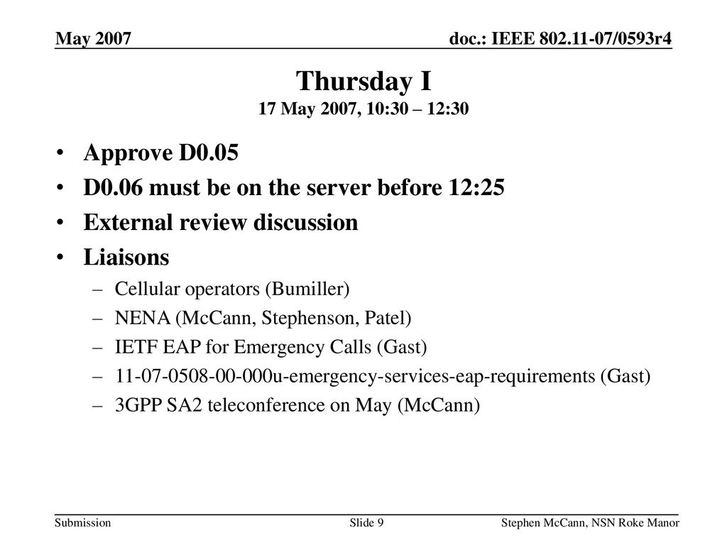 Thursday I 17 May 2007, 10:30 – 12:30 Approve D0.05
