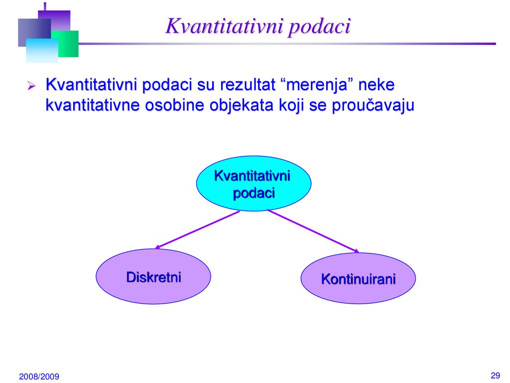 Kvantitativni podaci Kvantitativni podaci su rezultat merenja neke kvantitativne osobine objekata koji se proučavaju.