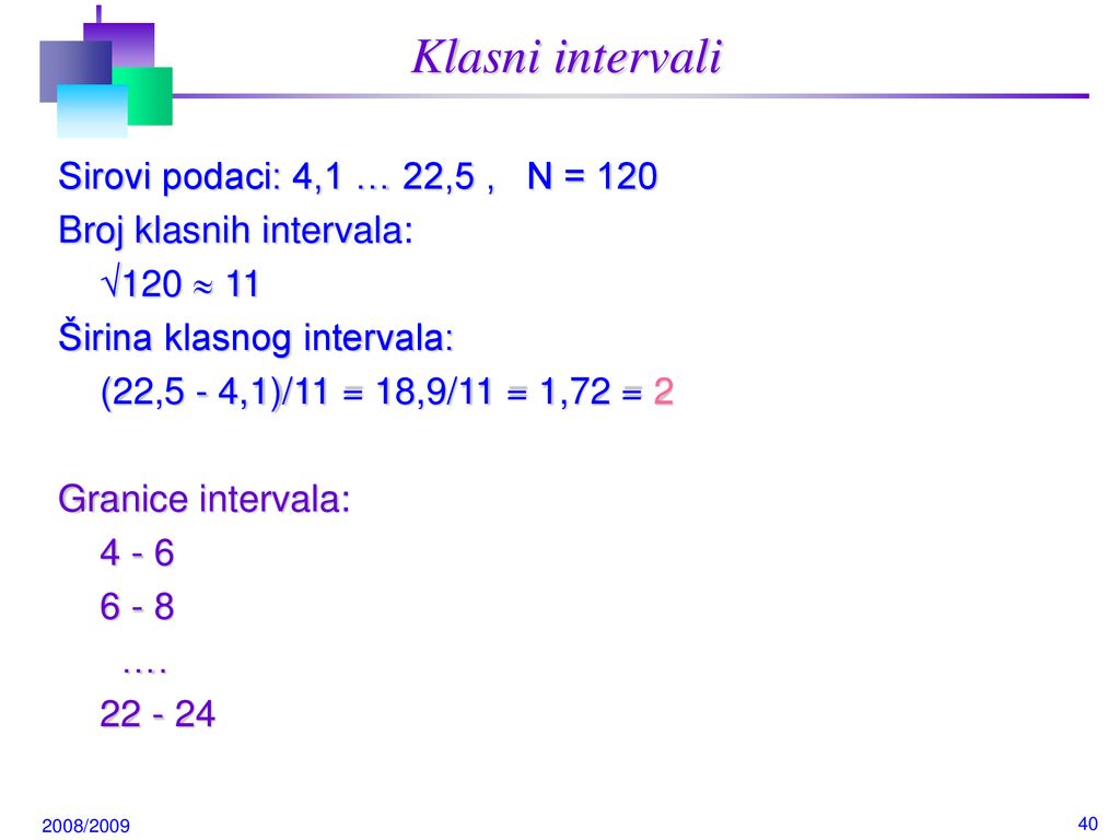 Klasni intervali Sirovi podaci: 4,1 … 22,5 , N = 120