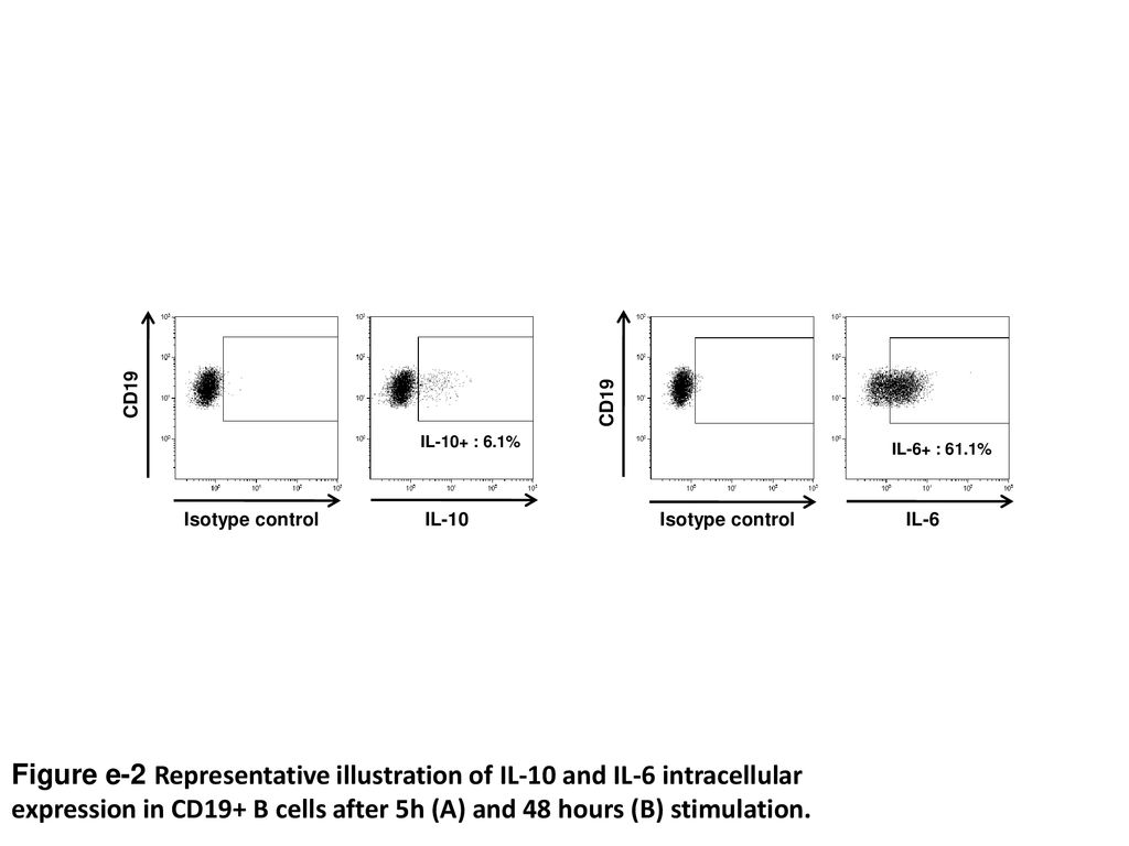 IL-10+ : 6.1% IL-10. Isotype control. IL-6. CD19. IL-6+ : 61.1%