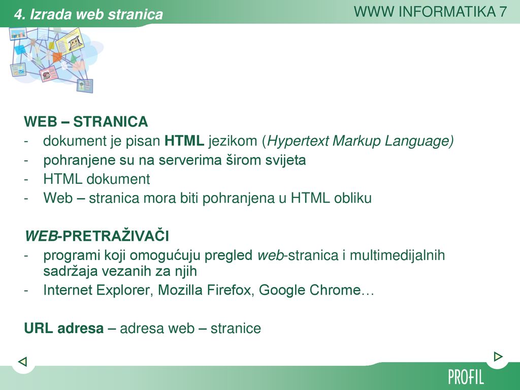 WEB – STRANICA dokument je pisan HTML jezikom (Hypertext Markup Language) pohranjene su na serverima širom svijeta.