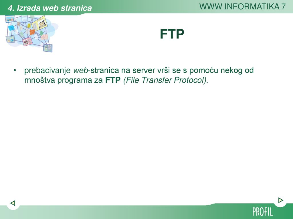 FTP prebacivanje web-stranica na server vrši se s pomoću nekog od mnoštva programa za FTP (File Transfer Protocol).