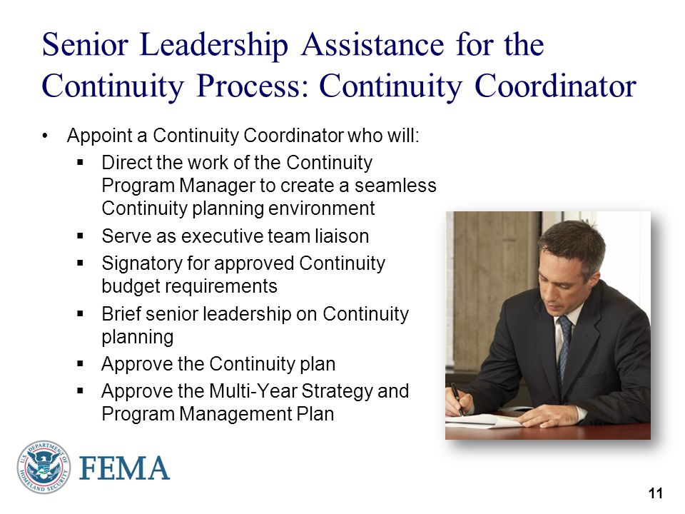 Senior Leadership Assistance for the Continuity Process: Continuity Coordinator