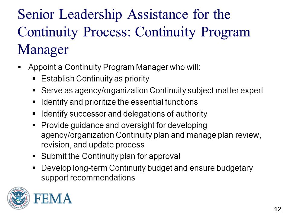 Senior Leadership Assistance for the Continuity Process: Continuity Program Manager
