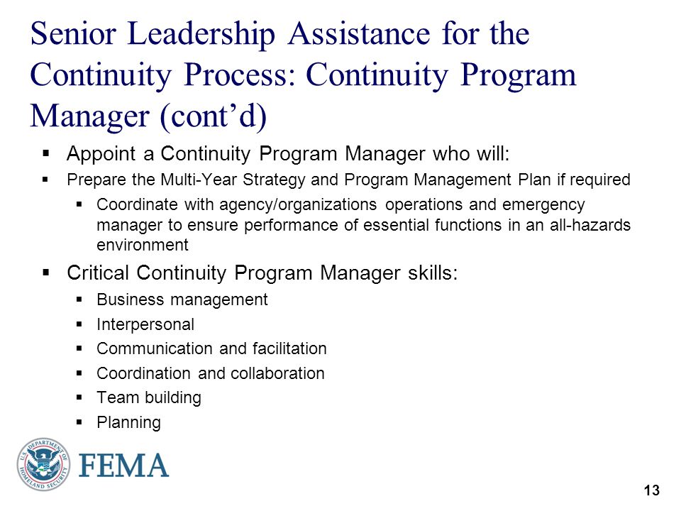 Senior Leadership Assistance for the Continuity Process: Continuity Program Manager (cont’d)