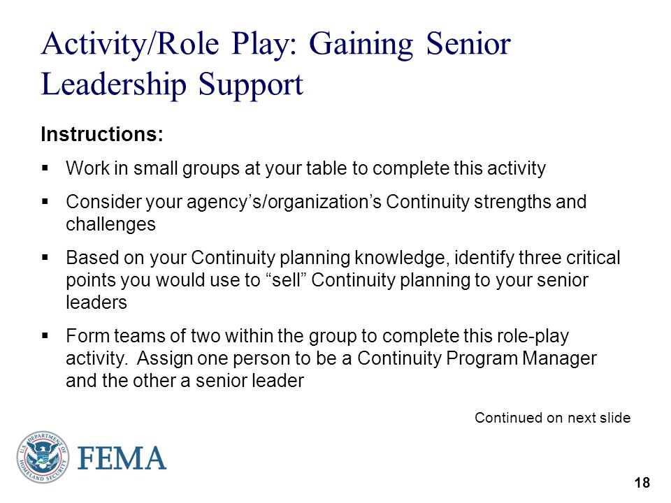 Activity/Role Play: Gaining Senior Leadership Support