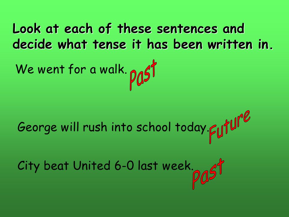 Look at each of these sentences and decide what tense it has been written in.