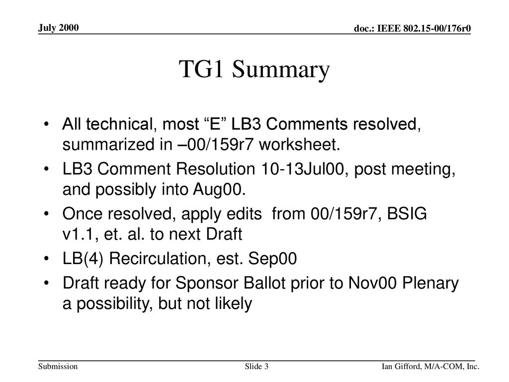 July 2000 doc.: IEEE /176r0. July TG1 Summary. All technical, most E LB3 Comments resolved, summarized in –00/159r7 worksheet.