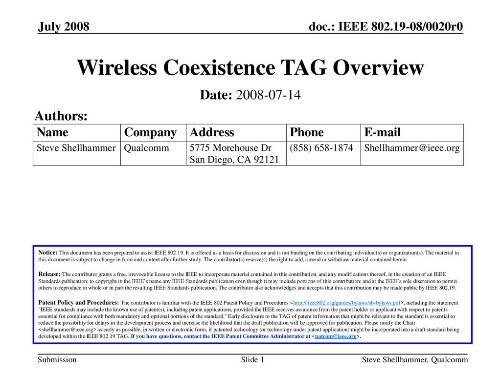 Wireless Coexistence TAG Overview