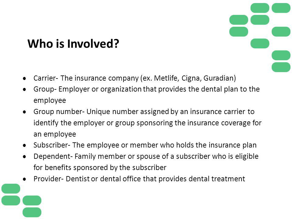 Who is Involved Carrier- The insurance company (ex. Metlife, Cigna, Guradian)
