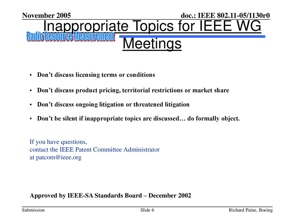 Inappropriate Topics for IEEE WG Meetings Radio Resource Measurement