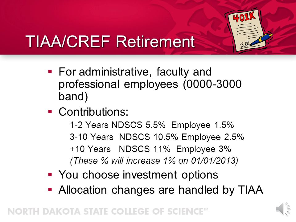 TIAA/CREF Retirement For administrative, faculty and professional employees ( band) Contributions: