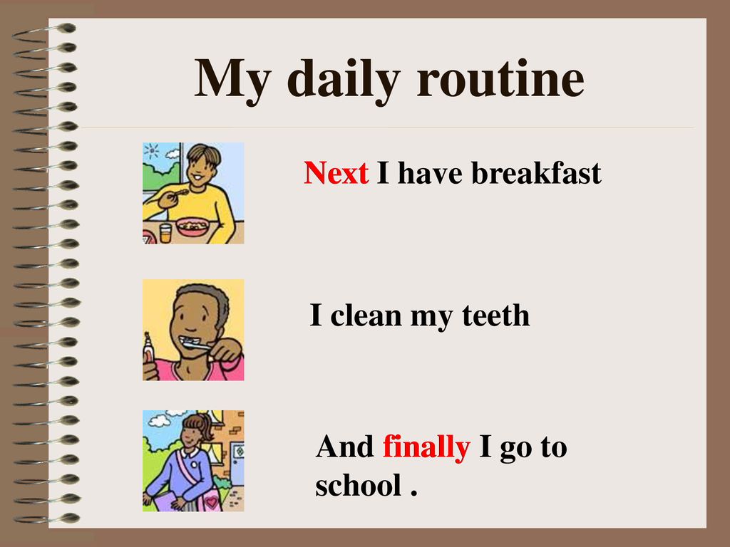 My daily routine Next I have breakfast Next I clean my teeth
