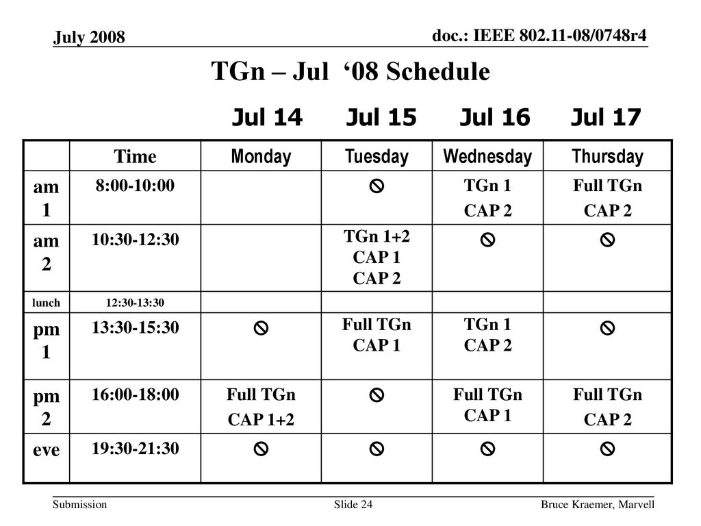 TGn – Jul ‘08 Schedule Jul 14 Jul 15 Jul 16 Jul 17 Time Monday Tuesday