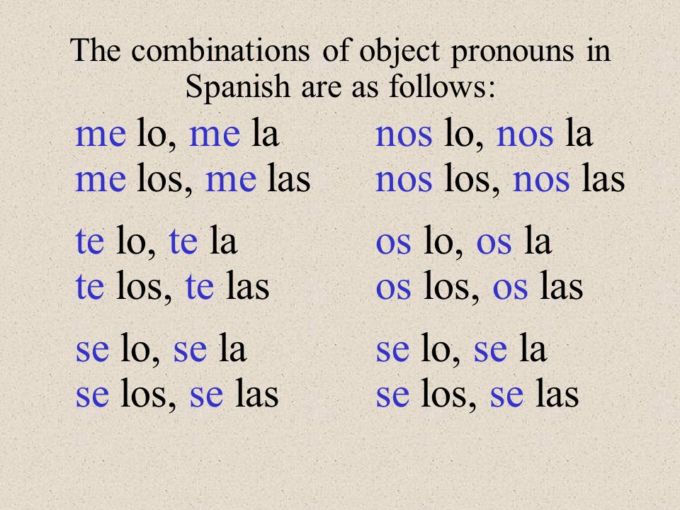The combinations of object pronouns in Spanish are as follows: