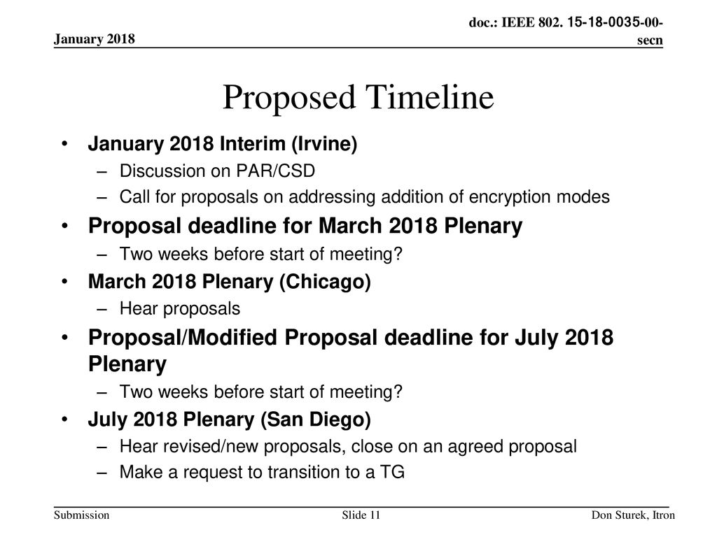 Proposed Timeline Proposal deadline for March 2018 Plenary