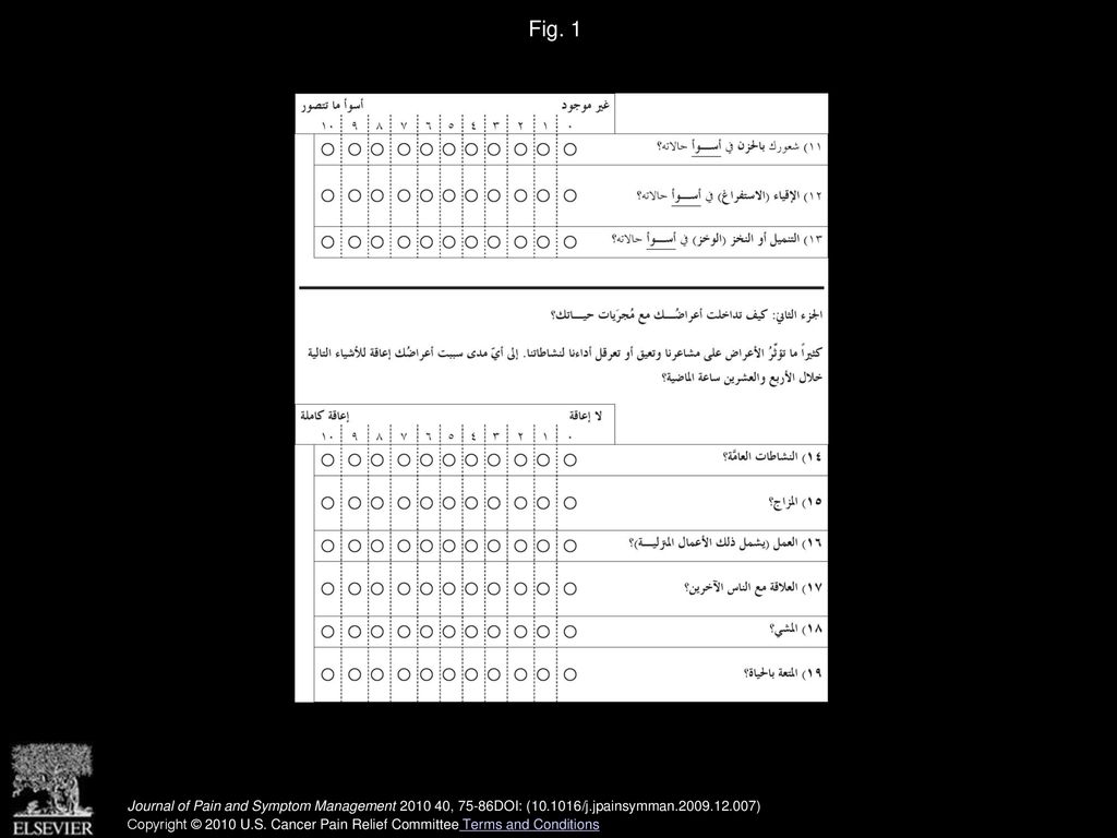 Fig. 1 Arabic version of the M. D. Anderson Symptom Inventory (MDASI-A). Copyright 1999 The University of Texas MD Anderson Cancer Center.