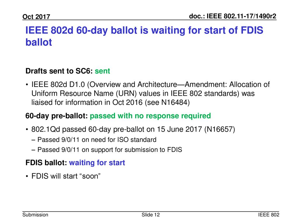 IEEE 802d 60-day ballot is waiting for start of FDIS ballot