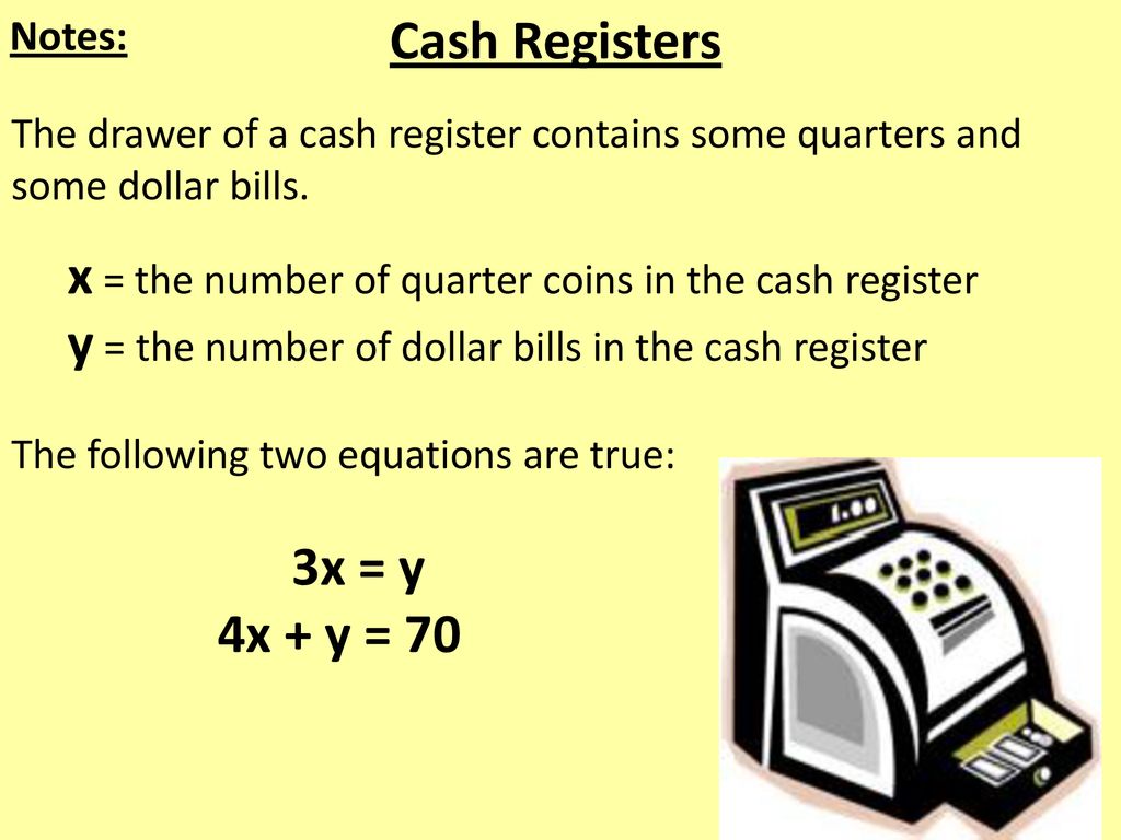 Cash Registers 4x + y = 70 Notes: