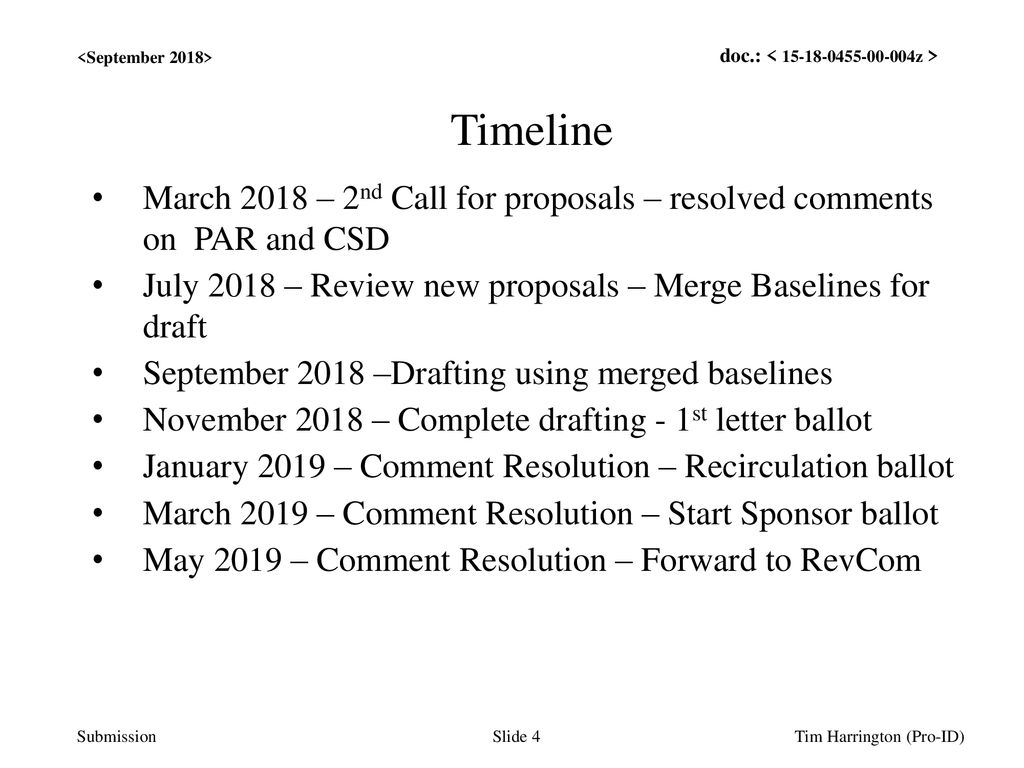 Jul 12, /12/10. <September 2018> Timeline. March 2018 – 2nd Call for proposals – resolved comments on PAR and CSD.