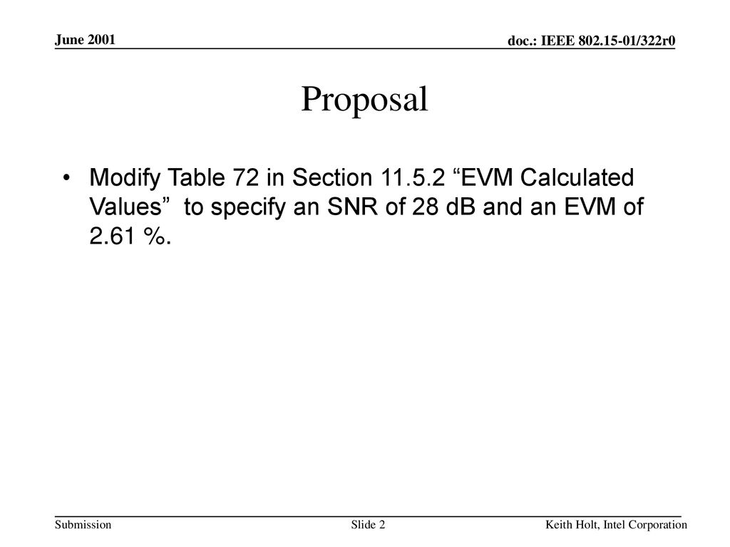 June 2001 Proposal. Modify Table 72 in Section EVM Calculated Values to specify an SNR of 28 dB and an EVM of 2.61 %.