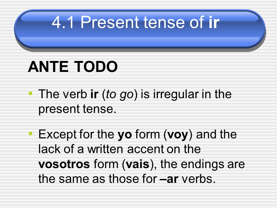ANTE TODO The verb ir (to go) is irregular in the present tense.