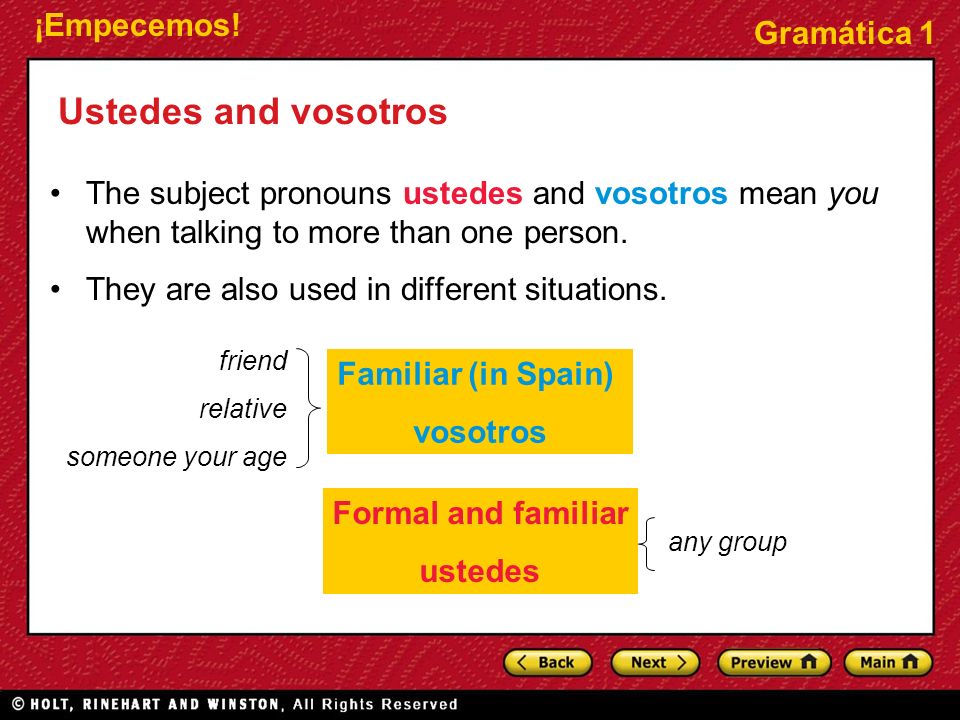 Ustedes and vosotros The subject pronouns ustedes and vosotros mean you when talking to more than one person.