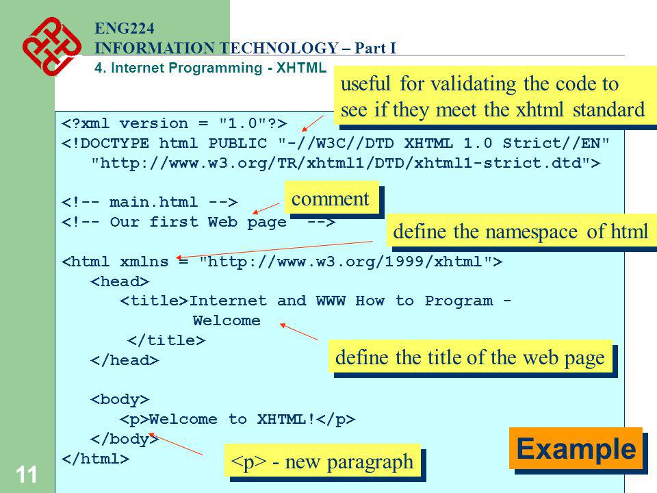 ENG224 INFORMATION TECHNOLOGY – Part I. 4. Internet Programming - XHTML. useful for validating the code to see if they meet the xhtml standard.