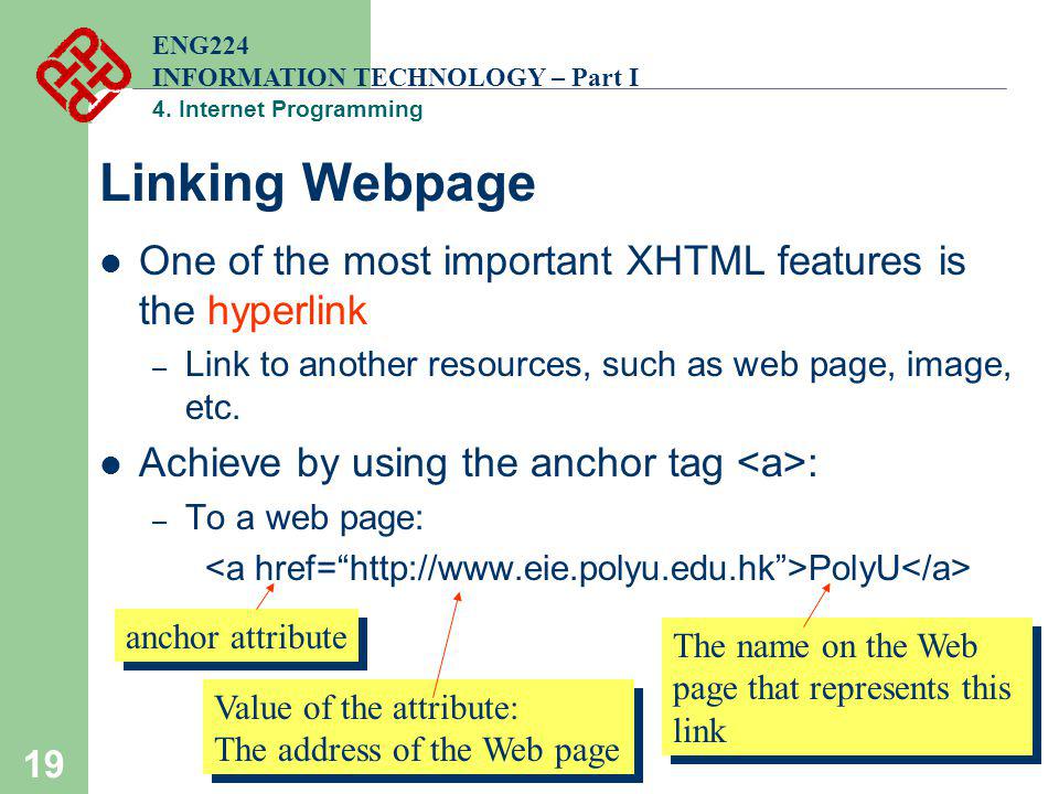ENG224 INFORMATION TECHNOLOGY – Part I. 4. Internet Programming. Linking Webpage. One of the most important XHTML features is the hyperlink.