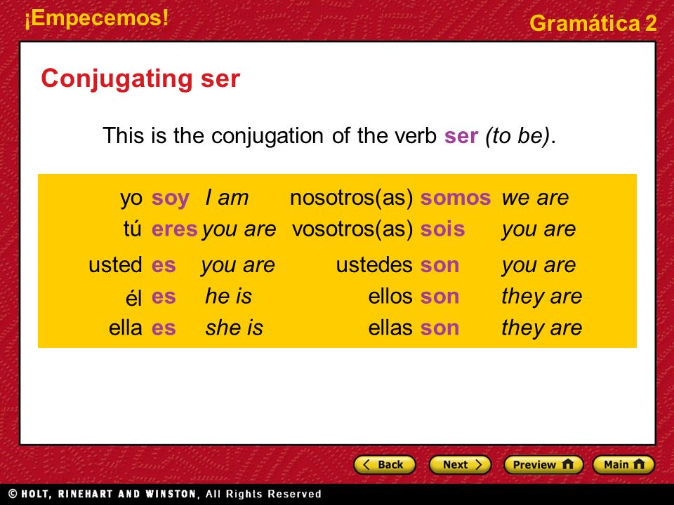 Conjugating ser This is the conjugation of the verb ser (to be). yo