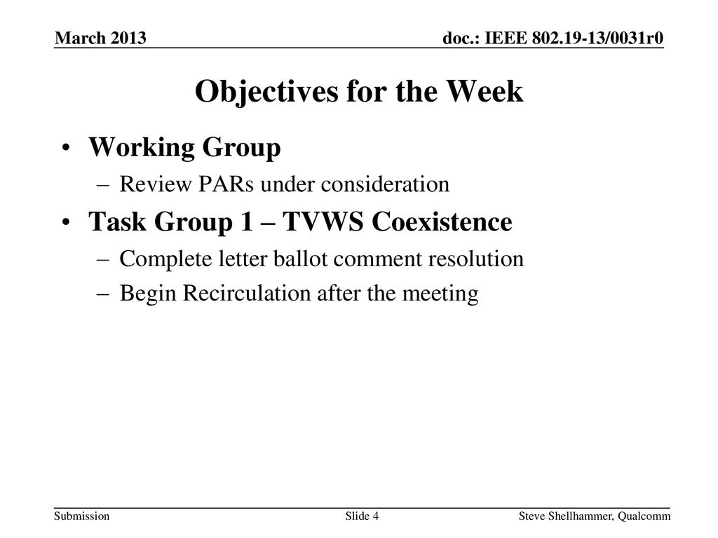 Objectives for the Week