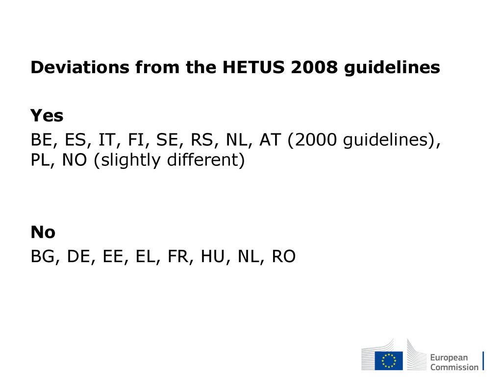 Deviations from the HETUS 2008 guidelines Yes BE, ES, IT, FI, SE, RS, NL, AT (2000 guidelines), PL, NO (slightly different) No BG, DE, EE, EL, FR, HU, NL, RO