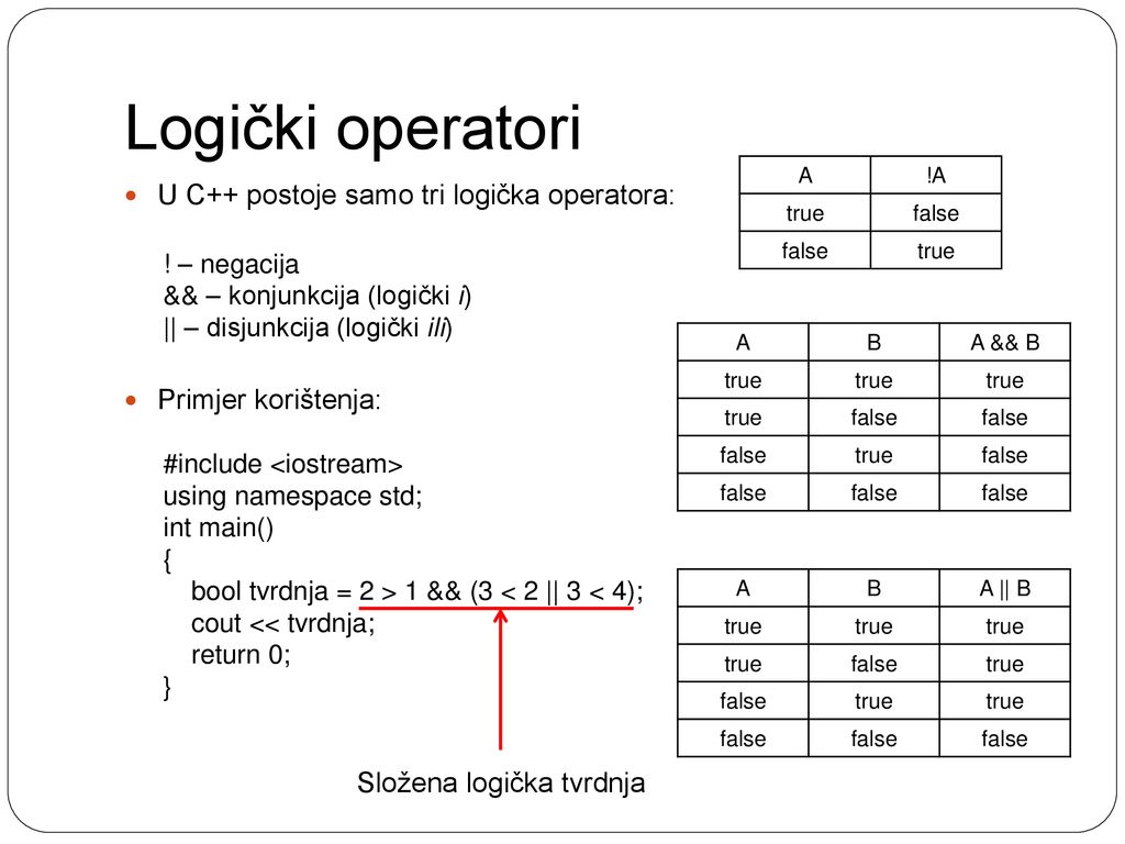 Logički operatori U C++ postoje samo tri logička operatora: