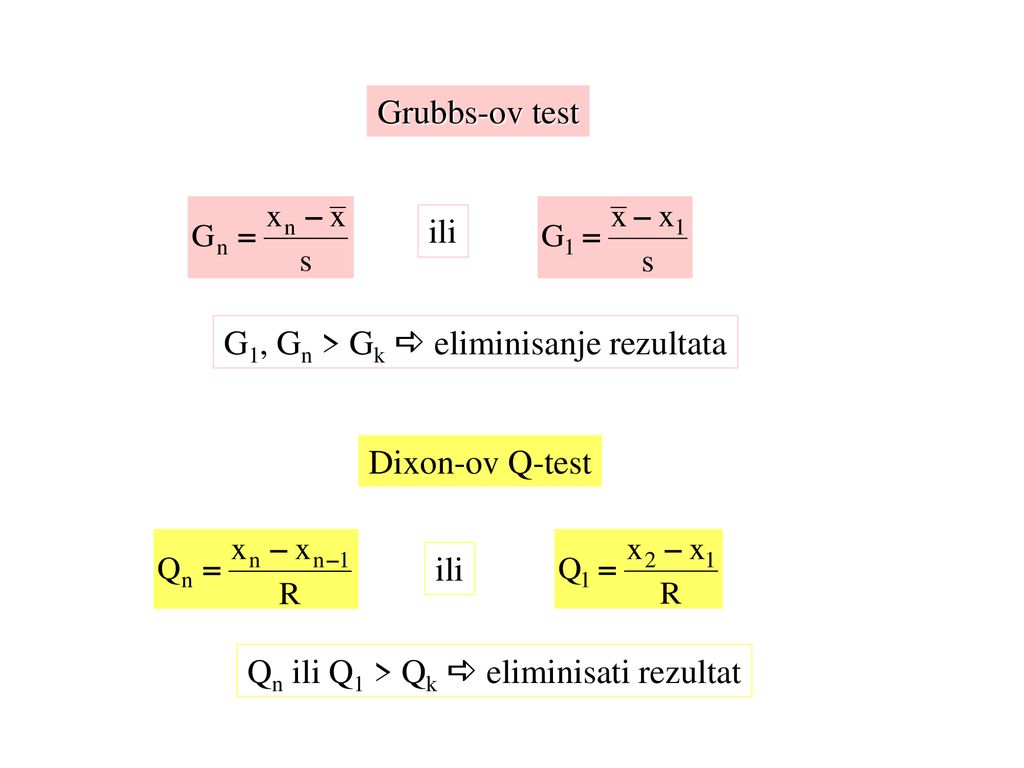 Grubbs-ov test ili. G1, Gn > Gk  eliminisanje rezultata.