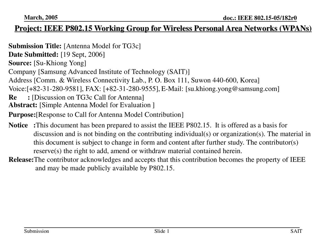 <month year> March, Project: IEEE P Working Group for Wireless Personal Area Networks (WPANs)