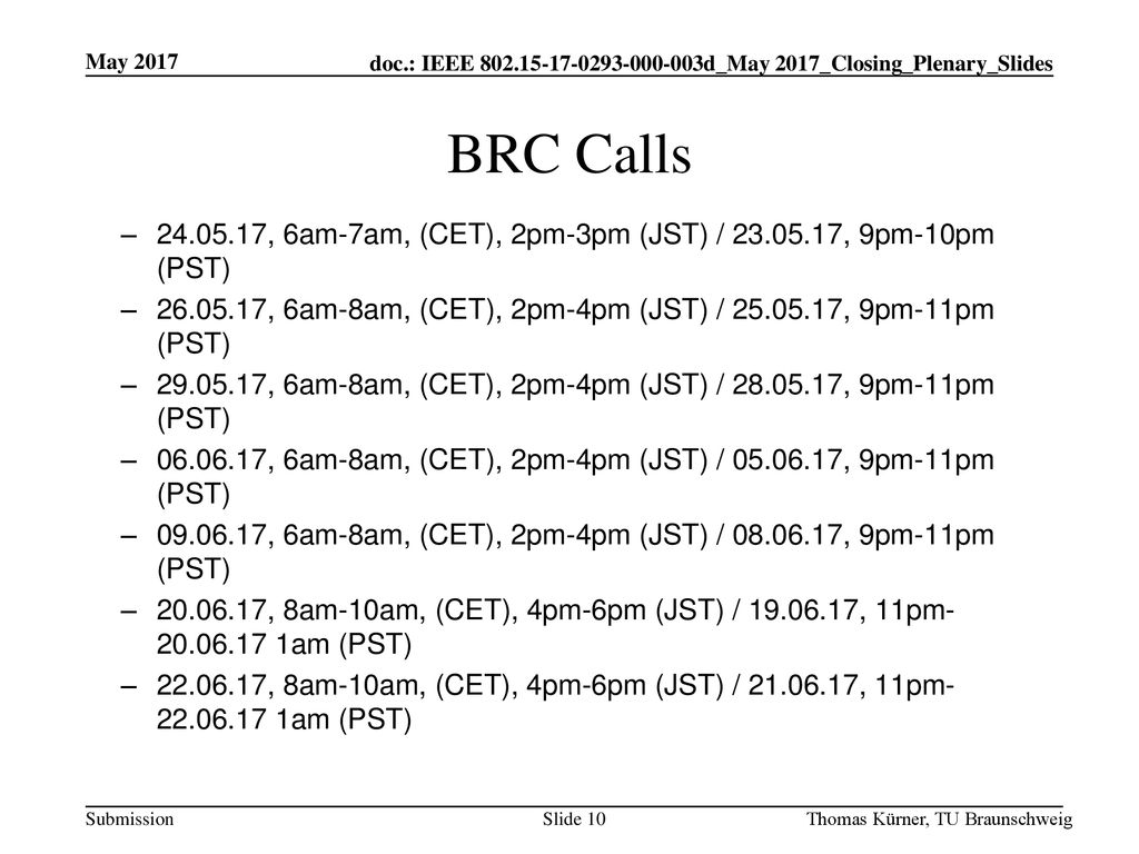 May 2017 BRC Calls , 6am-7am, (CET), 2pm-3pm (JST) / , 9pm-10pm (PST)