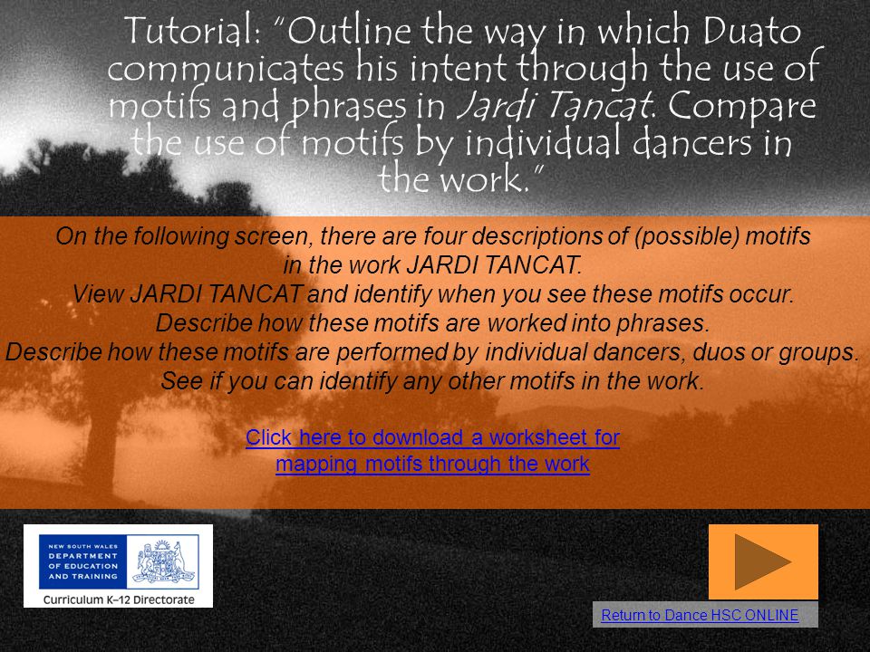Tutorial: Outline the way in which Duato communicates his intent through the use of motifs and phrases in Jardi Tancat. Compare the use of motifs by individual dancers in the work.