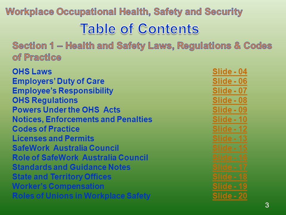 Table of Contents Workplace Occupational Health, Safety and Security