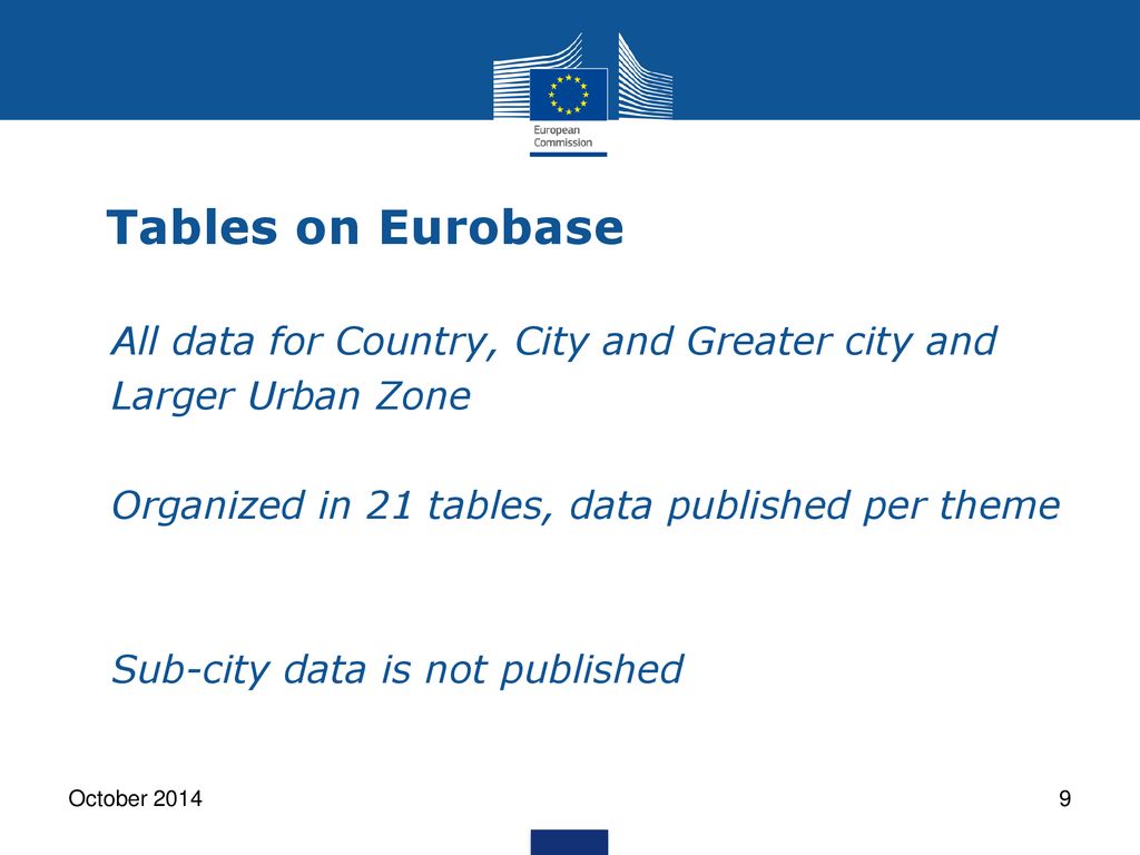 Tables on Eurobase All data for Country, City and Greater city and