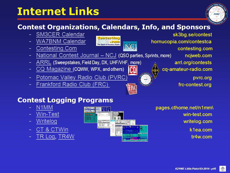 Internet Links Contest Organizations, Calendars, Info, and Sponsors