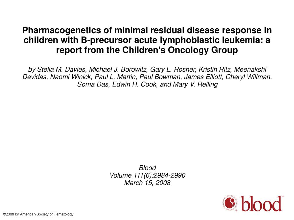 Pharmacogenetics of minimal residual disease response in children with B-precursor acute lymphoblastic leukemia: a report from the Children s Oncology Group